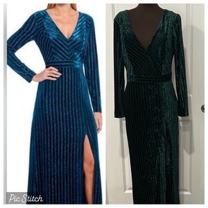 Badgley Mischka Belle Green Velvet Long Sleeve Slit Evening Gown Dress Size 8